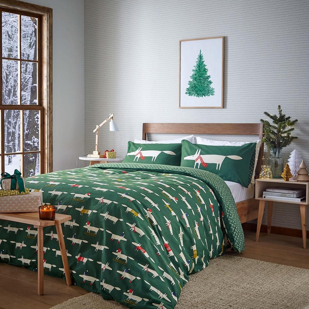 Mr Fox Christmas Bedding by Scion in Mistletoe Green